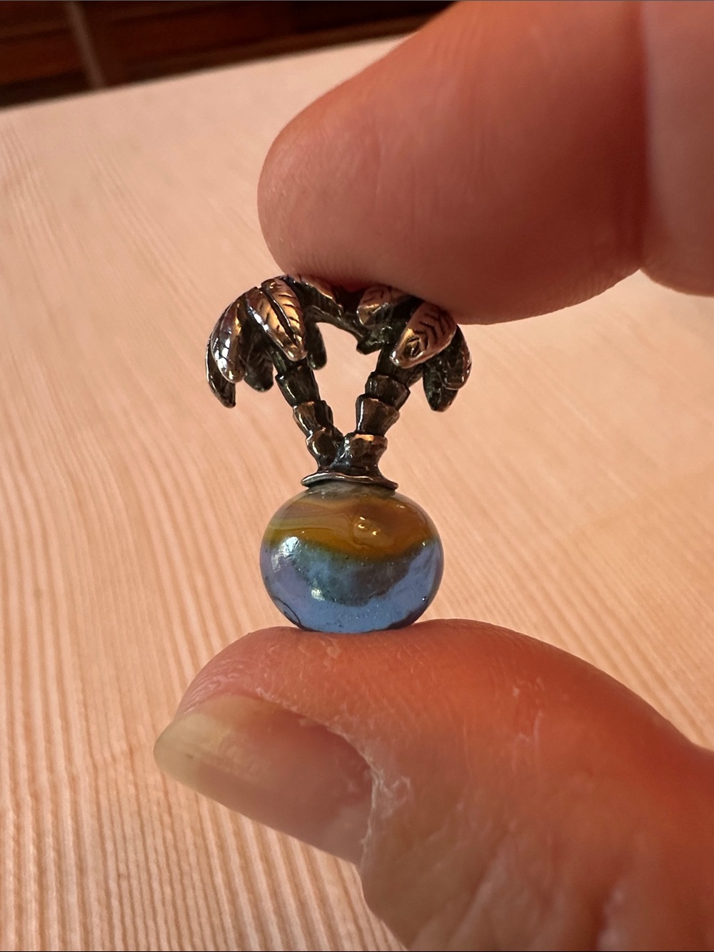 Sterling Silver Double Palm Tree Troll bead with Blue&sand Glass Bead.